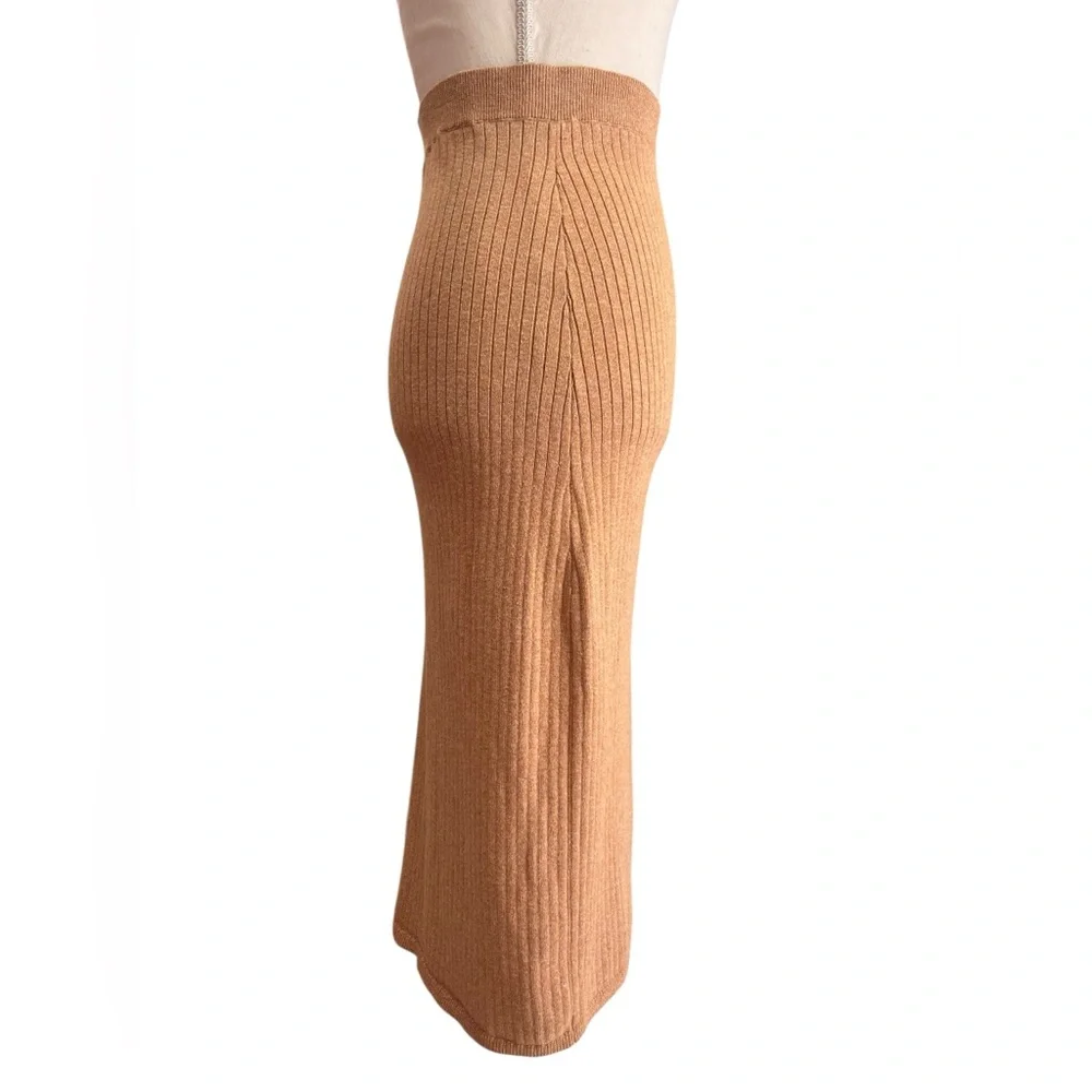 Free People Skyline Camel Ribbed Knit Midi Pencil Skirt Front Slit Size S